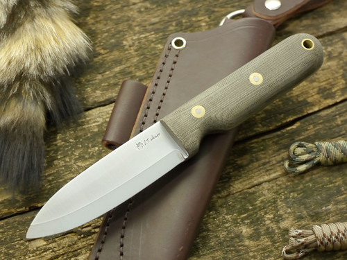 LT Wright Knives: Bushcrafter (Scandi Grind) Fixed Blade Knife w/ Green Canvas Micarta Handle - Matte Finish