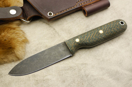 LT Wright Knives: Bushcrafter HC (Convex Grind) Fixed Blade Bushcraft Knife w/ Green Herringbone Micarta Handle - Matte Finish