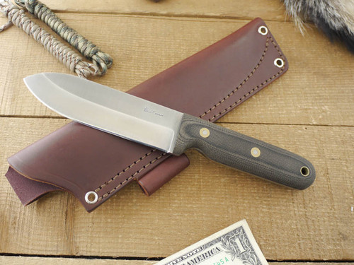 LT Wright Knives: Bushcrafter Mark II (Saber Grind) Fixed Blade Bushcraft Knife w/ Black Canvas Micarta Handle - Matte Finish