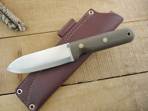 LT Wright Knives: Bushcrafter Mark II (Scandi Grind) Fixed Blade Bushcraft Knife w/ Green Canvas Micarta Handle & Red Liners - Matte Finish