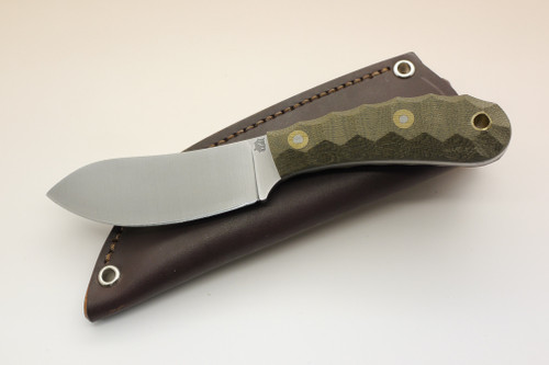 LT Wright Knives: Camp MUK (Flat Grind) Fixed Blade Knife w/ Green Canvas Micarta Handle - Sculped Mountain Finish