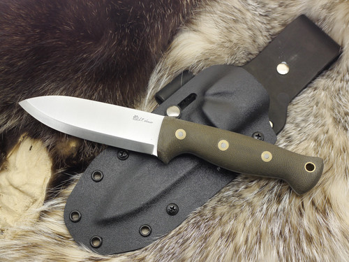 LT Wright Knives: Forest Trail (Scandi Grind Spear Point) Fixed Blade Bushcraft Knife w/ Green Canvas Micarta Handle Bead Blasted - Kydex Sheath