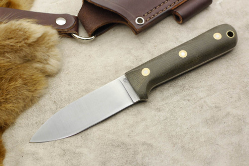 LT Wright Knives: Genesis A2 (Flat Grind) Fixed Blade Bushcraft Knife w/ Green Canvas Micarta Handle Matte Finish - Leather Sheath