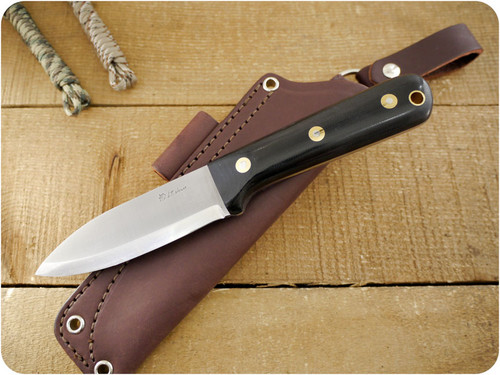 LT Wright Knives: Genesis (Scandi Grind) Fixed Blade Bushcraft Knife w/ Black Canvas Micarta Handle Polished Finish - Leather Sheath