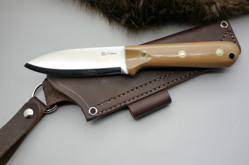 LT Wright Knives: Genesis (Scandi Grind) Fixed Blade Bushcraft Knife w/ Tan G10 Handle w/ Red Liners Polished Finish - Leather Sheath