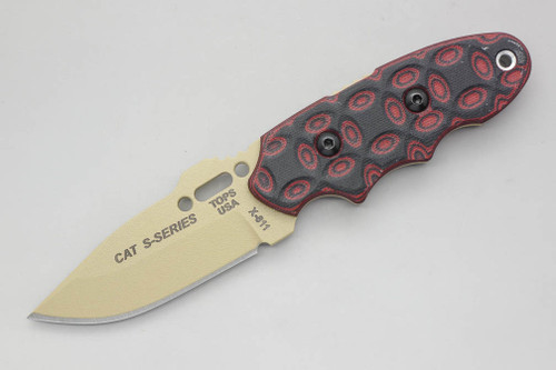 TOPS Knives C.A.T., 200S-05 - Hunter Point - Coyote Tan Blade - Red and Black G10 Rocky Mountain Bulls-eye Scales