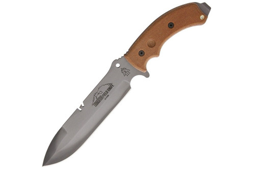 TOPS Knives Tahoma Field Knife, TAHO-02-TNS (Top Not Sharp) - Black River Wash 7.75" Blade - TAN Canvas Micarta Handle