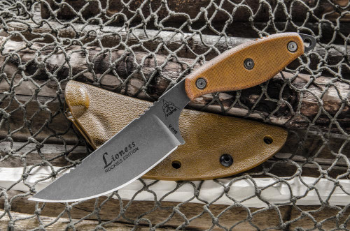 TOPS Knives Tops Lioness Rockies Edition, LION-TBF - Tumbled Finish 4.13" Blade - Tan Canvas Micarta Handle