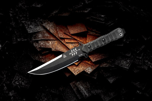 TOPS Knives ZERO DARK 30, Zero-30 - Black Traction Coated Blade - Rocky Mountain Tread Black Linen Micarta Handle