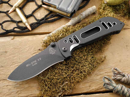 TOPS Knives, TPMIL35F Mil Spie 3.5 Lightweight Folding Knife w/ Black Texture Coated Aluminum Handle