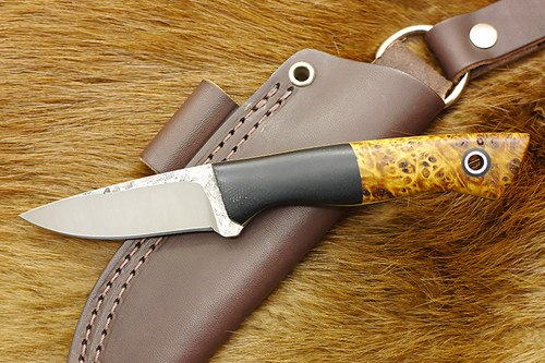 W. A. Surls Knives (Allen Surls) Custom Minute Man Fixed Blade (Tapered Tang), Knife w/ Black Canvas Micarta & Box Elder Burl Handle & Thick Black & Thin Yellow Liners - 1