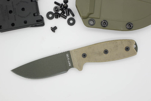 Ontario RAT-3, 3.4" OD 1095 Fixed Blade Knife w/ Micarta Handle & OD Green Plastic Sheath