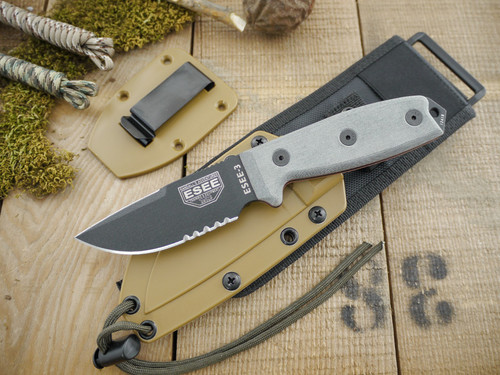 ESEE Knives: ESEE-3S-CP-MB (Sharpened Clip Point, MOLLE Back) Black Partially Serrated Blade w/ Grey Linen Micarta Handle, Coyote Brown Sheath, Clip Plate