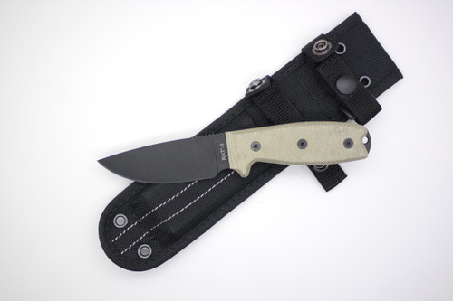 Ontario RAT-3, 3.4" Black 1095 Fixed Blade Knife w/ Micarta Handle & Black Nylon Sheath