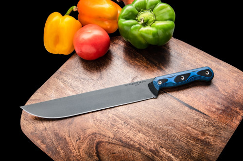 TOPS Knives Dicer 10 Slicer Knife - Tumble Finish - 10" Blade - CPM S35VN Steel - Black Canvas Micarta/Blue and Black G10 Handle