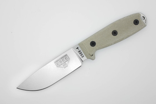 ESEE-4 - S35VN Stainless Steel - Stone Washed Finish - Green Canvas Micarta Handle - Black Sheath and Clip Plate