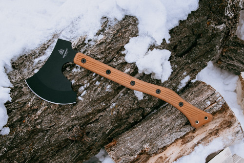 TOPS Knives  - High Impact Axe, HIM-01 - Black Traction Coating w/ Tan Canvas Micarta Handle, Leather Sheath