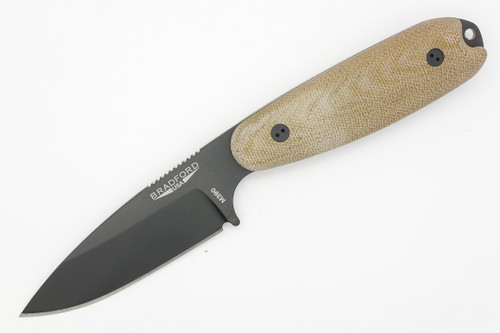 Bradford Knives: Guardian3.5, 3D - M390 Steel - Drop Point - Sabre Grind - Black Diamond Like Coating Blade Finish - 3D Natural Canvas Micarta Handle