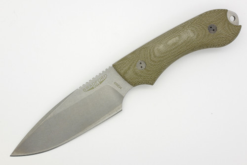 Bradford Knives: Guardian4, 3D - M390 Steel - Drop Point - Sabre/False Edge Grind - Stonewash Blade Finish - 3D OD Green Canvas Micarta Handle