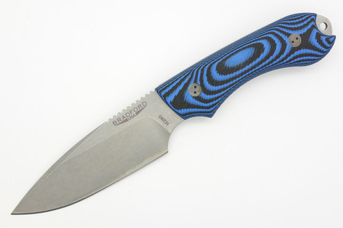 Bradford Knives: Guardian4, 3D - M390 Steel - Drop Point - Sabre/False Edge Grind - Stonewash Blade Finish - 3D Blue and Black G10 Handle