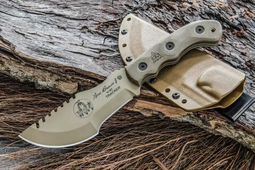 TOPS Knives, TBT02-TAN Tom Brown Tracker #2 Fixed Blade Knife w/ Coyote Tan Blade and Green Canvas Micarta Handle