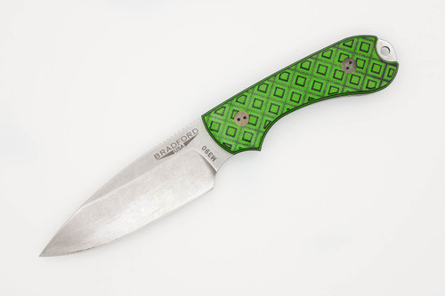 Bradford Knives: Guardian3 - M390 Steel - Sabre Grind, Stonewash Finish Blade - Textured Toxic Green G10 Handle