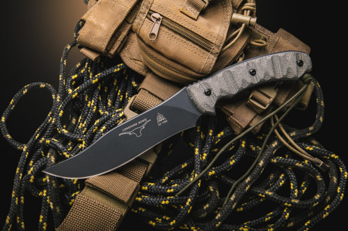 TOPS Knives Longhorn Bowie - Sniper Grey, LONGB-05 - 6.75" Blade - Black Linen Micarta Handle - Rocky Mountain Tread