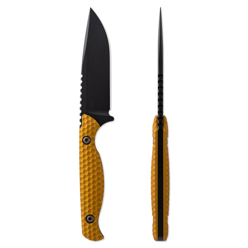 Toor Knives: Mutiny - CPM 154 Steel - Bounty Gold Aluminum 7075 3D Textured Handle, Kydex Sheath