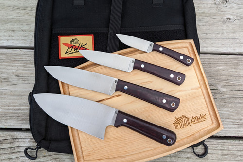 LT Wright Knives Cookcraft Collection Four Piece Knife Set w/ Bag and Board - AEB-L Steel - Flat Grind - Double Red Canvas Micarta w/ White Liners - Polished Finish