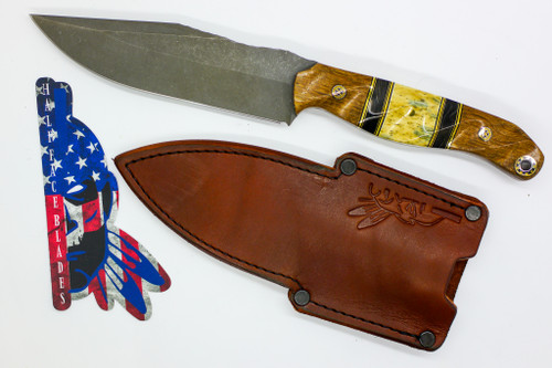 Half Face Blades - Crow Scout Drop Point - White Oak, Black G10 and Brass Pin Striping, Black Dark Matter Carbon and Dyed Giraffe Bone Split, Mosaic Pins, 1/8" Brass Pin, Mosaic Lanyard Pin, Textured Grip