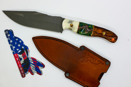 Half Face Blades - Crow Scout Drop Point - Copper Pin Striping, Copper Dark Matter Carbon Over Arizona Jade Tru-stone Split, Desert Ironwood, Mosaic Pins, Copper Lanyard Pin, Textured Grip