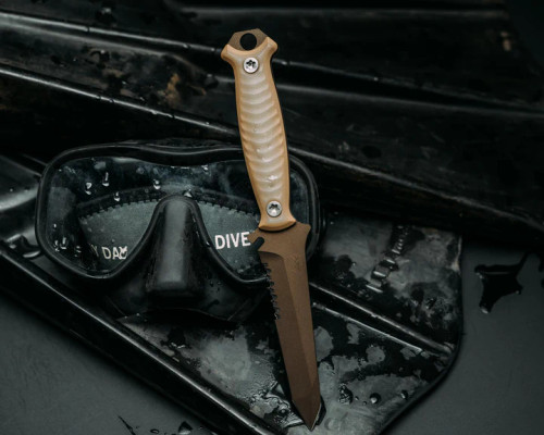Half Face Blades - Dive Knife Tanto - Ghost/Coyote G10, Midnight Bronze Cerakote, Ti Torx Bolts, Iron Grip