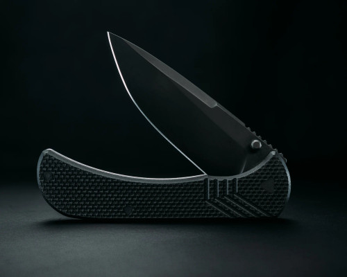 Half Face Blades - Cav Folder - Black G10, Armor Black Cerakote Blade, Textured Grip, TI Frame