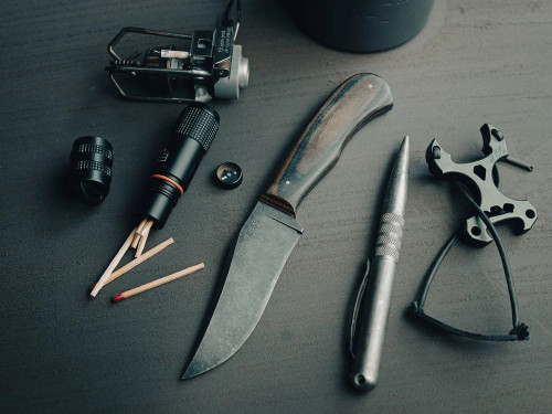 15:58 Knife Co: Revere EDC - 52100 Steel - Camo Canvas Micarta Handle- Leather Sheath - by Josh Fisher