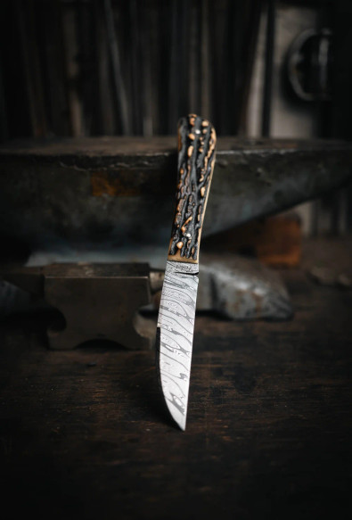 15:58 Knife Co: Gentleman's EDC - Damascus Steel - Sambar Stag Handle- Leather Sheath - by Josh Fisher