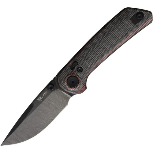 Reate Knives - PL-XT - Damascus Blade - Folding Pocket Knife w/ Black & Red Canvas Micarta Handle