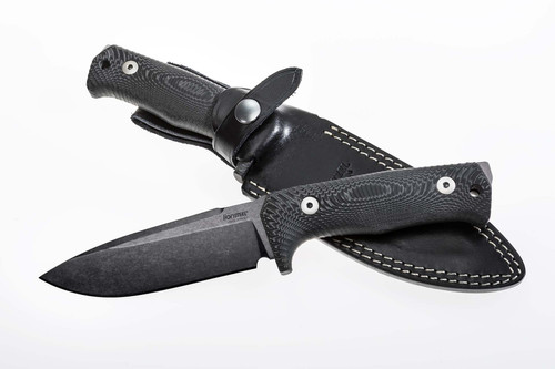 LionSteel Knives: T5 - Niolox stainless steel - Black Blade Finish - Black Canvas Micarta Handle