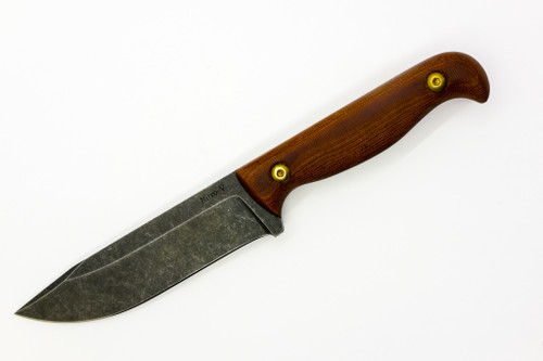 The Wizard Forge - Duty Marshall - 4.5" Black Stonewash Nitro-V Fixed Blade W/ Honey Micarta Handle and Brown Leather Sheath