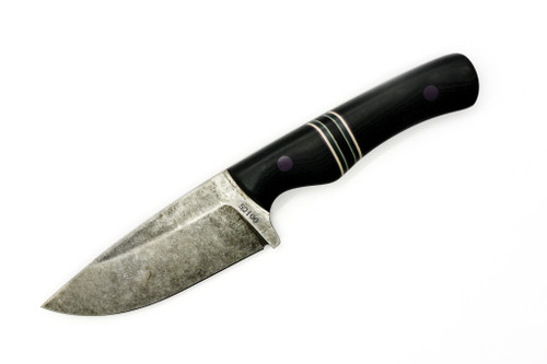 The Wizard Forge - Goblin - 4" Stonewash 52100 Fixed Blade W/ Forest Purple Handle and Black Kydex Sheath W/ Teal Straps