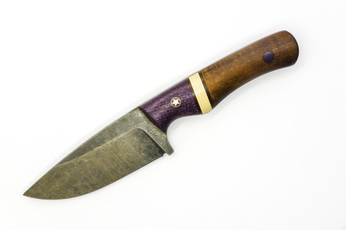 The Wizard Forge - Goblin - 4" Stonewash 52100 Fixed Blade W/ Under The Bridge W/ Purple Micarta & Wood Handle and Brown Leather Sheath