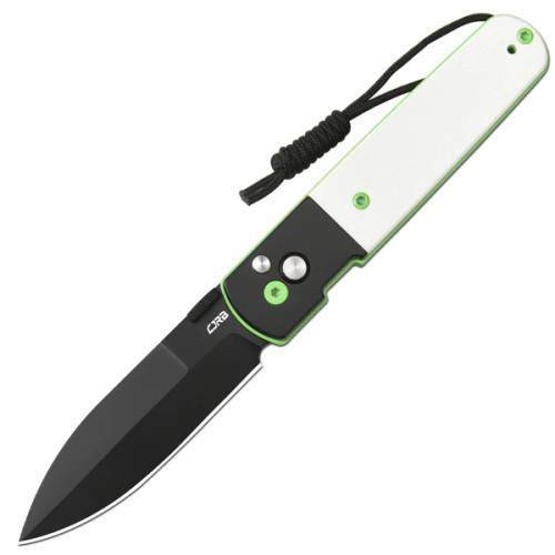 CJRB Cutlery - Locust - 3.15" Black PVD Coated AR-RPM9 Folding Knife w/ Button Lock -  Black PVD Steel & White G10 Inlay Handle