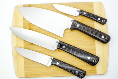 LT Wright Knives Cookcraft Collection Four Piece Knife Set w/ Bag and Board - AEB-L Steel - Flat Grind - Python Micarta Custom Scales - Polished Finish