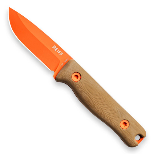 Reiff Knives: F3 Extreme Conditions - Field Survival Knife - Fixed Blade - CPM 3v, Saber, Hi-Vis Orange Blade, Coyote Tan G10 Handle