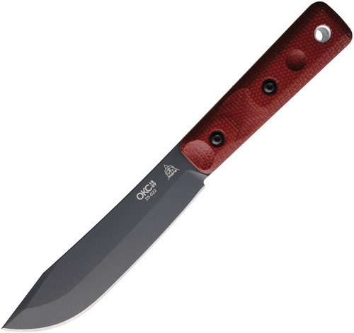 Ontario XL Hunter - 5.5" Black 1095 Fixed Blade Knife w/ Red Canvas Micarta Handle & Brown Leather Sheath