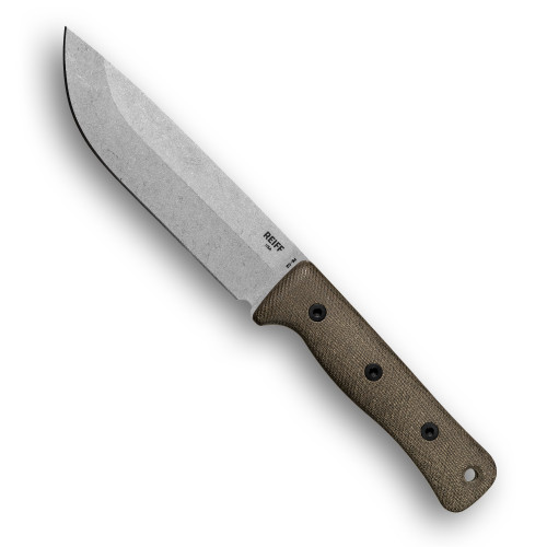 Reiff Knives: F6 GEN2 - Leuku Survival Knife - Fixed Blade - CPM 3V, Saber, Stonewash, Green Canvas Micarta Handle