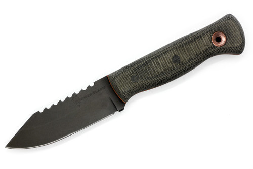 Dave Wenger Blades: Honey Badger - 4" CPM-3V Steel Blade W/ Rear Saw Tooth - Black Canvas Micarta W/ Orange Liners Handle - Kydex Sheath