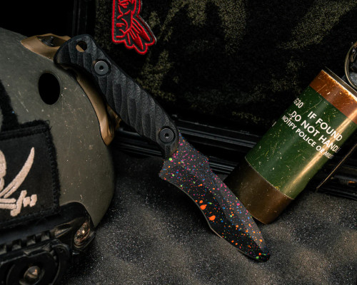 Half Face Blades - Extremis MK1 - Black G10, 80's RAD Splatter Cerakote, Allen Bolts, Hollow Lanyard Hole, Textured Grip