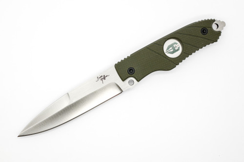 Hoffner Knives: Hand Spear - 5" Silver 440C Stainless Steel Fixed Blade Knife - Flatline Olive G10 Handle