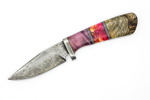 Black Bird Blades - Hidden Tang - One-Off - 3.1" 80crv2 steel fixed W/ Purple, Gold Flakes in Pink Acrylic, & Wood Handle