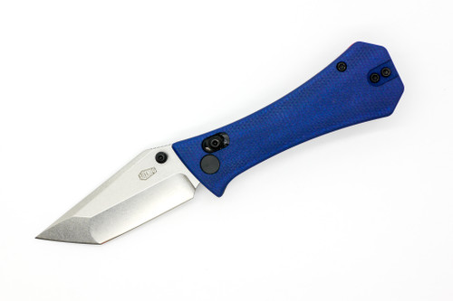 Aux Mfg - Pocket Tanto Crossbar - 2.77" 14c28n Steel Folding Blade w/ Blue Micarta & Red Insert Handles